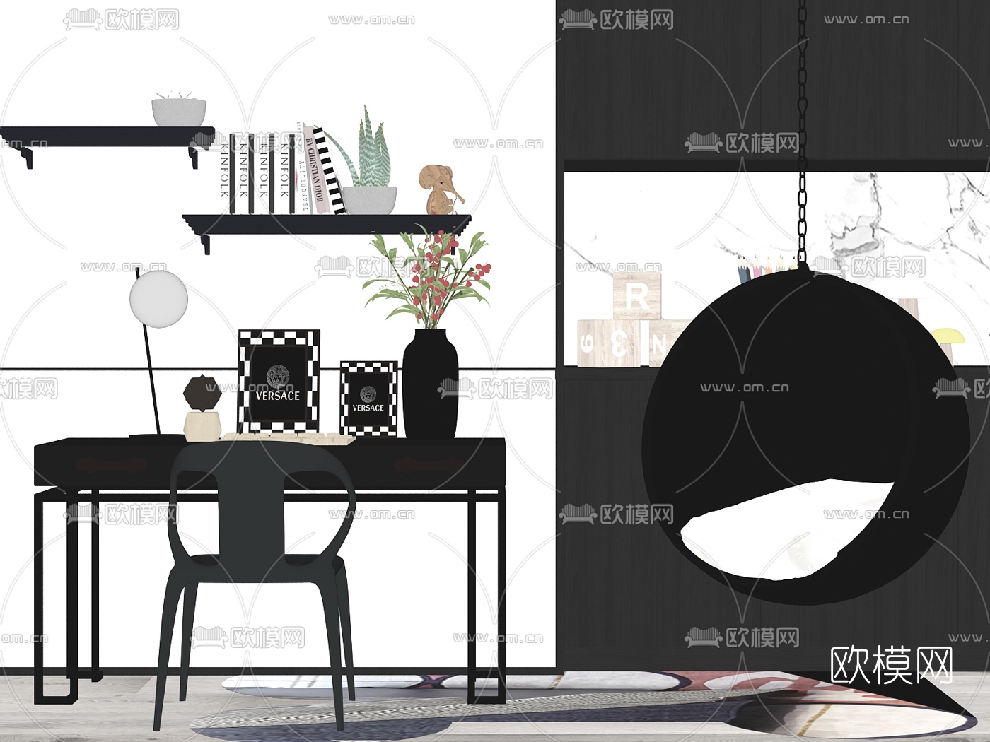 现代吊椅书桌椅su模型下载（渲染图2）