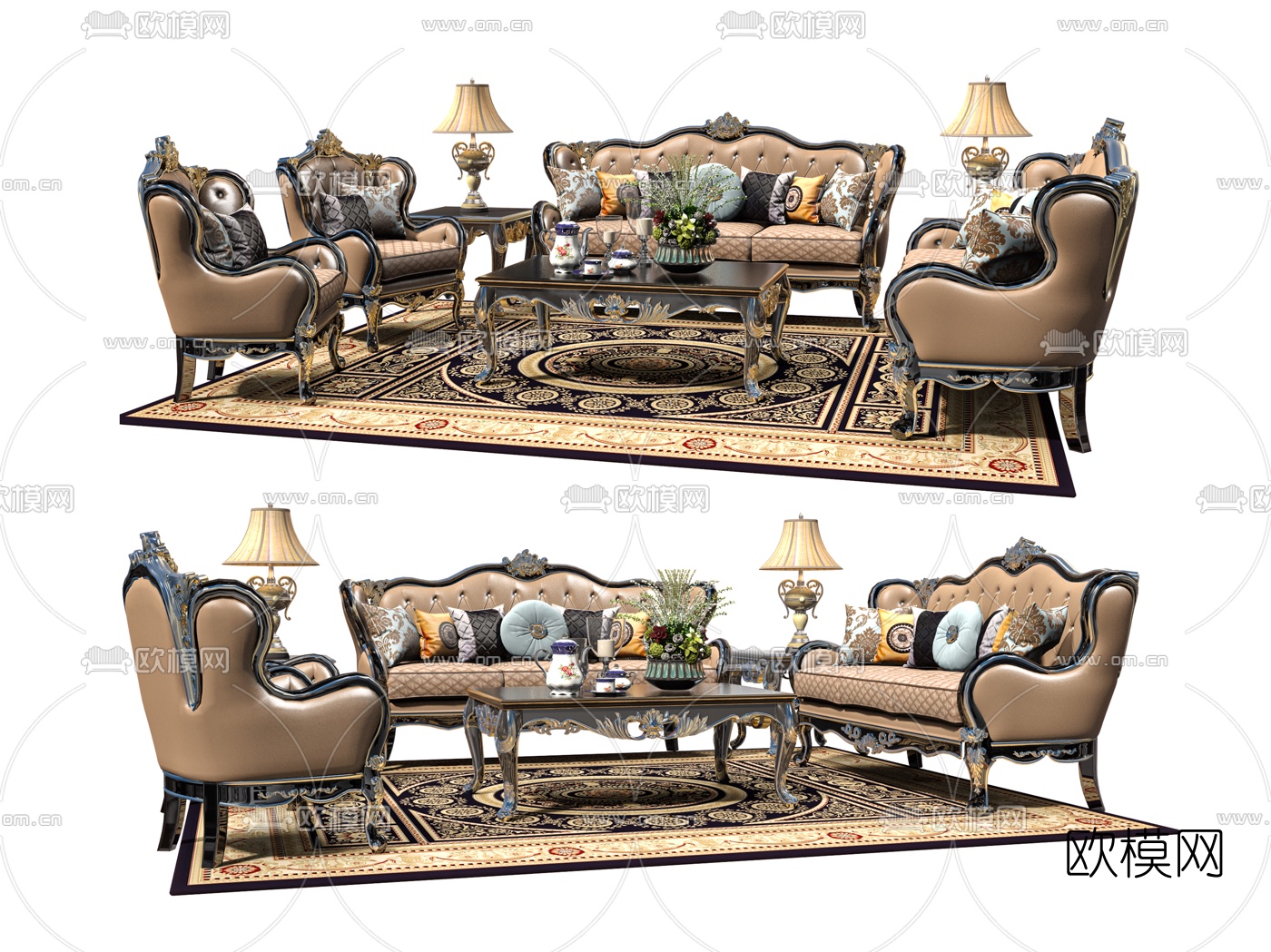 欧式古典皮革沙发组合3d模型下载（渲染图1）