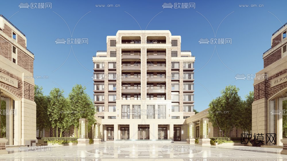 美式高层住宅建筑外观su模型下载（渲染图1）