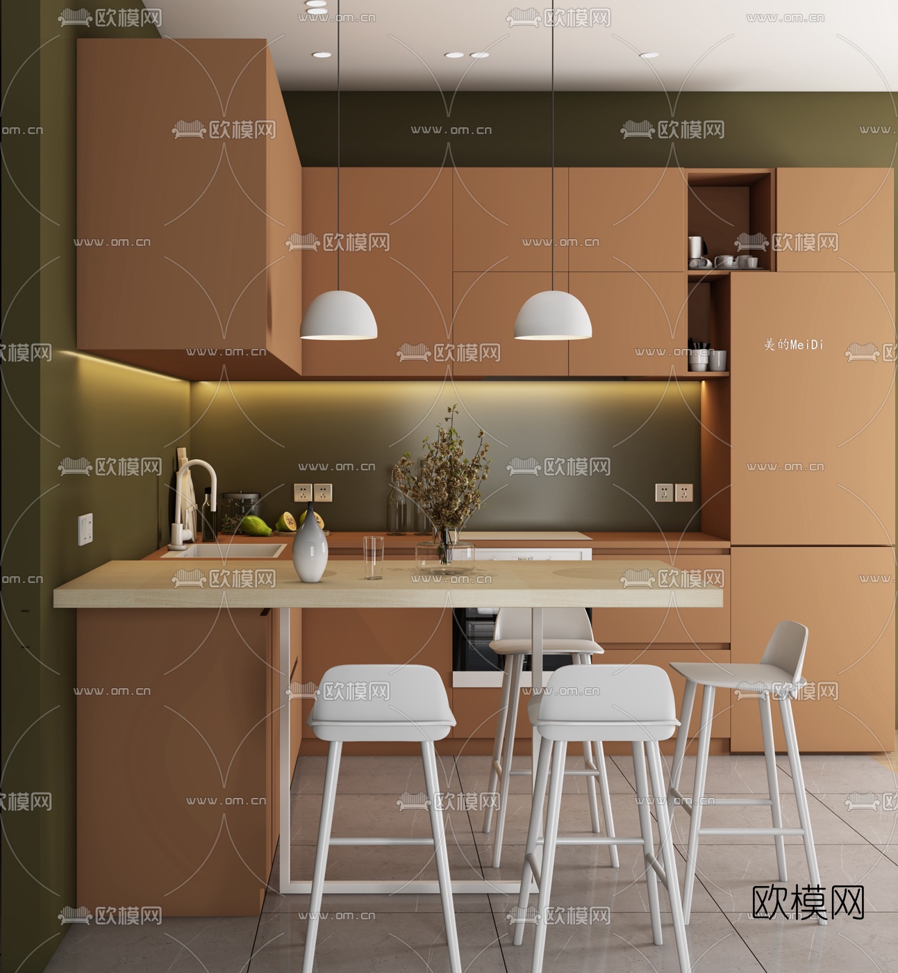 北欧橱柜吧台3d模型下载（渲染图2）