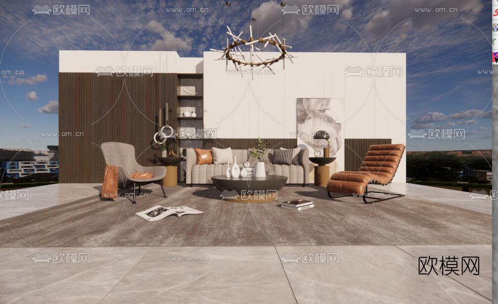 现代布艺组合沙发su模型下载（渲染图1）