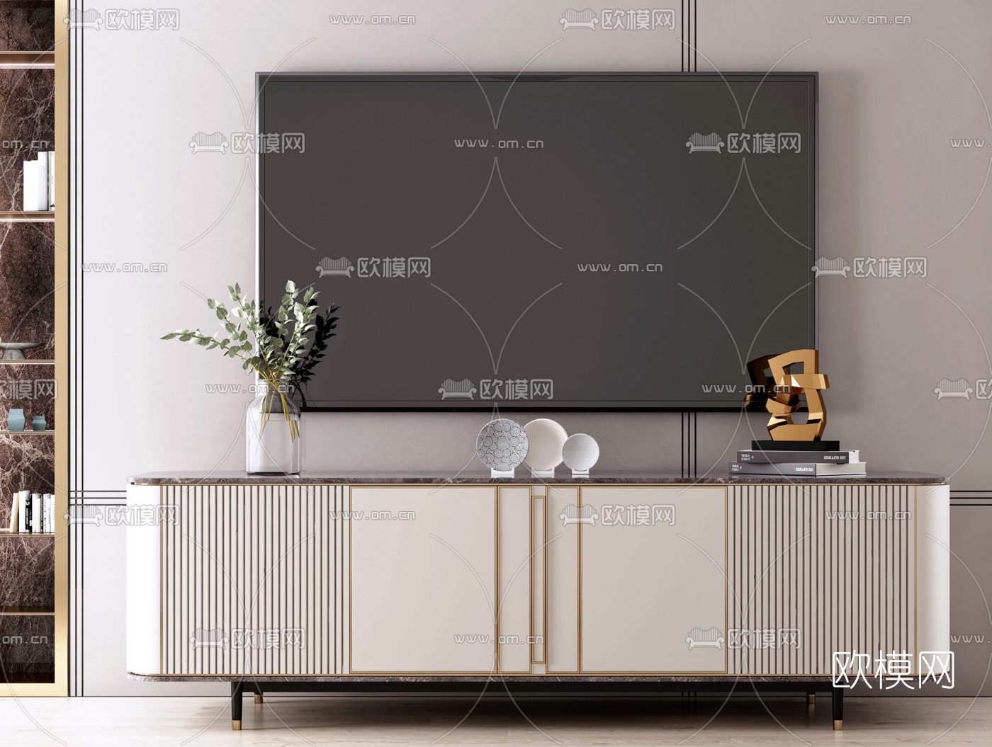 现代轻奢条纹电视柜3d模型-免费3dmax模型库-欧模网