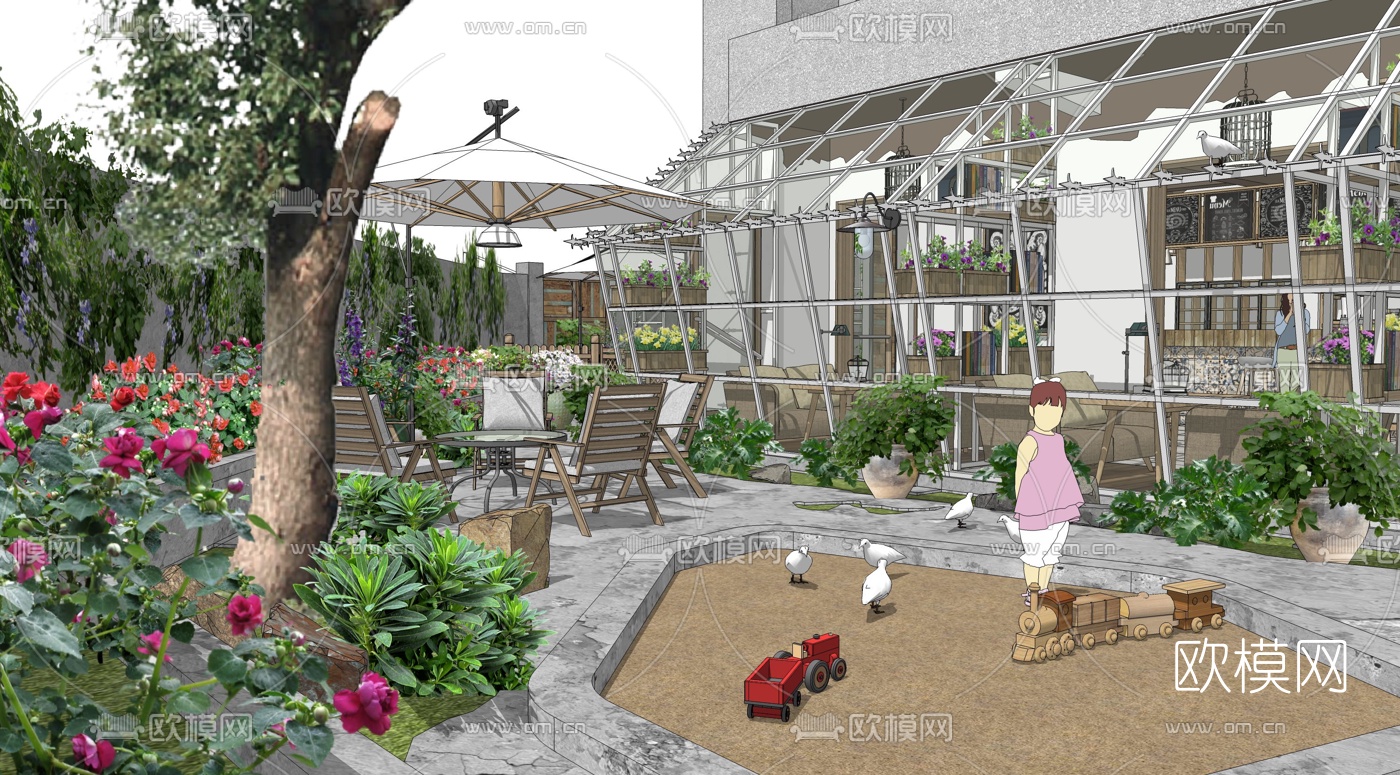 现代咖啡厅庭院景观su模型下载（渲染图2）