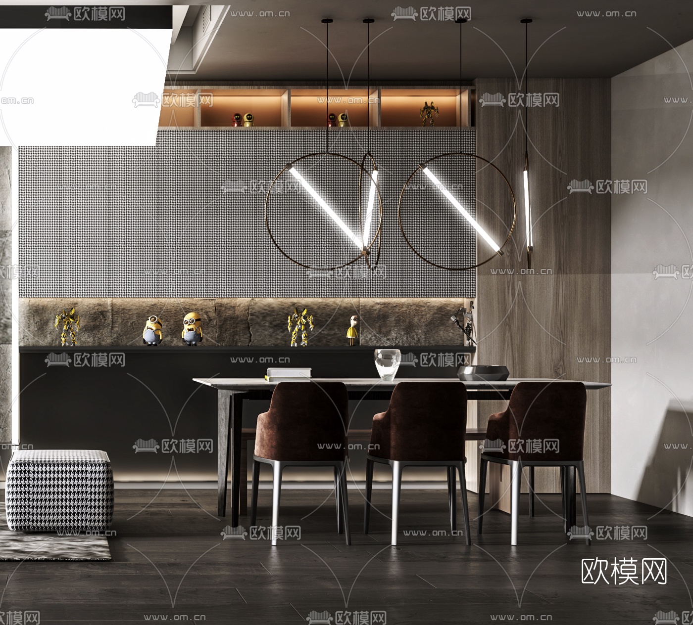 工业风电视背景餐桌椅组合3d模型下载（渲染图1）