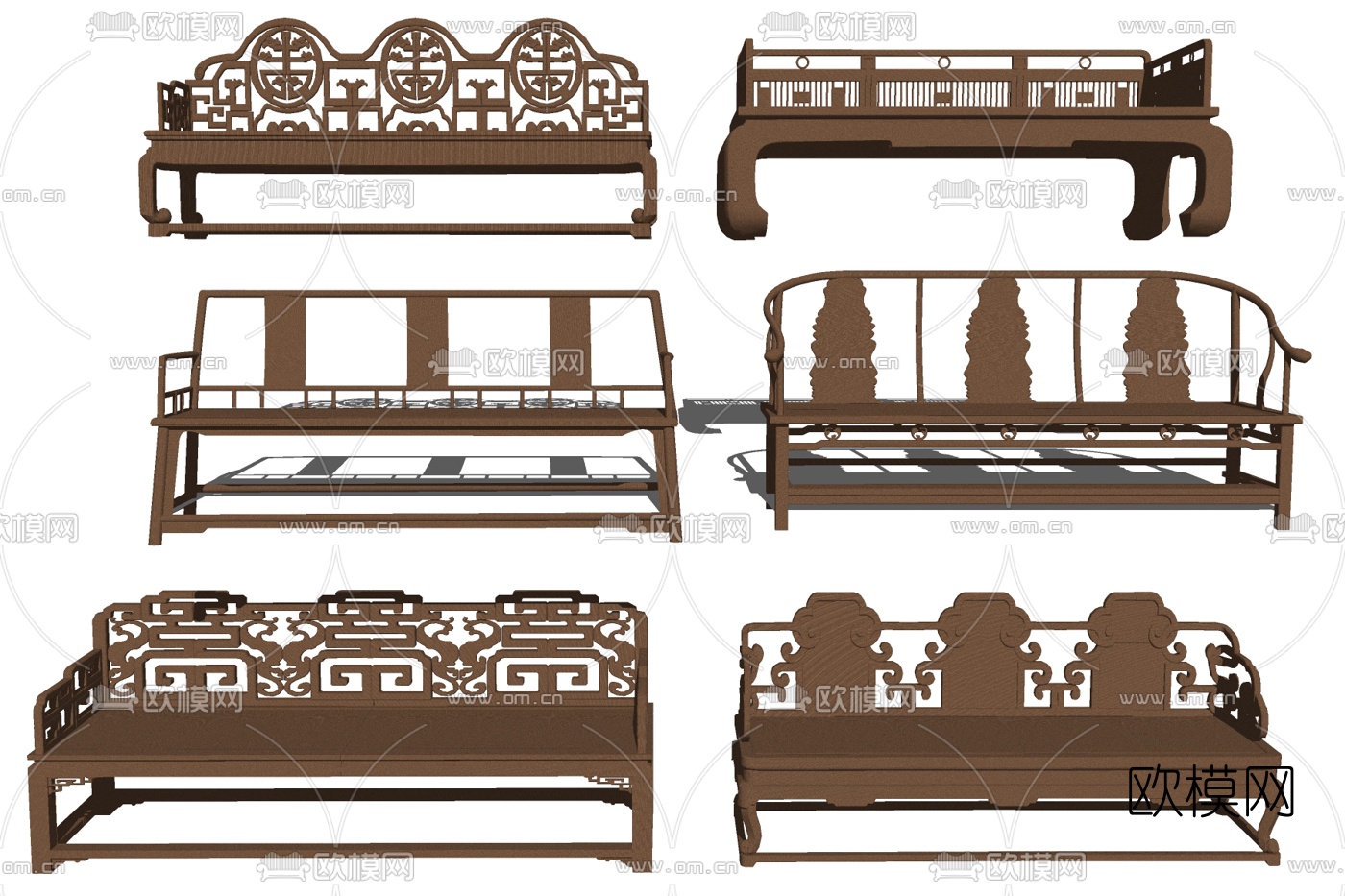 中式实木多人沙发su模型下载