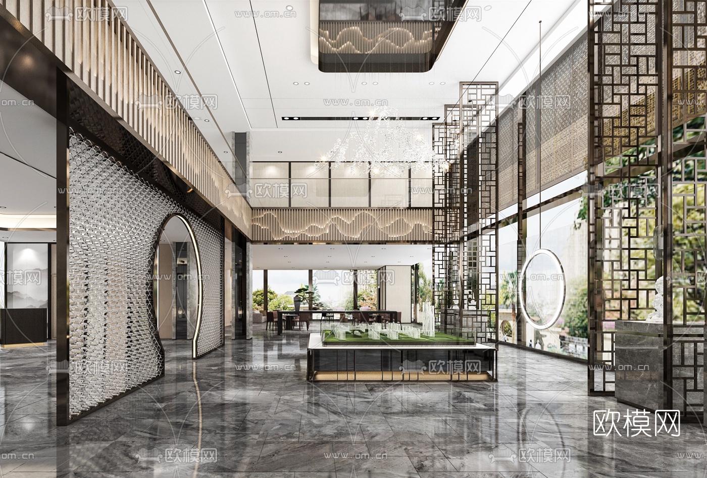 新中式售楼处沙盘区3d模型下载（渲染图1）