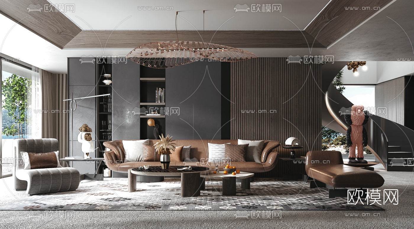 现代皮革沙发组合3d模型-免费3dmax模型库-欧模网