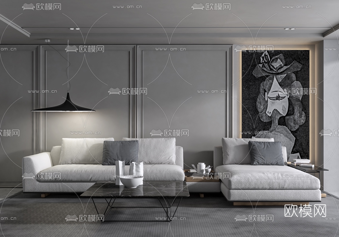 现代布艺转角沙发茶几3d模型