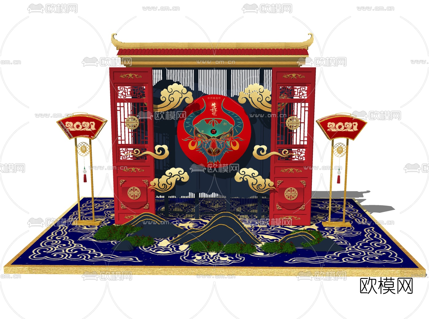 新中式牛年春节新年美陈su模型下载