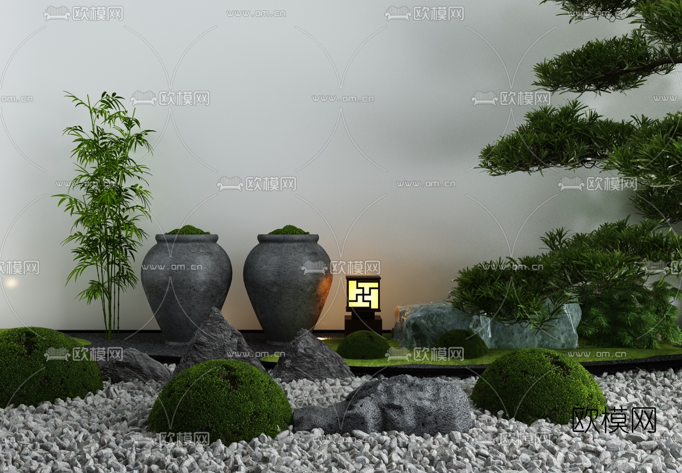 新中式户外灯灌木石头小品3d模型