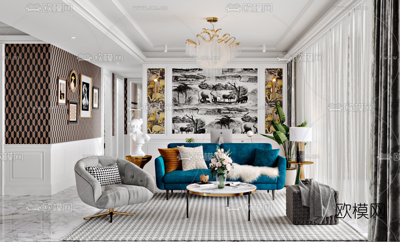 简欧轻奢复古客厅餐厅3d模型下载（渲染图1）