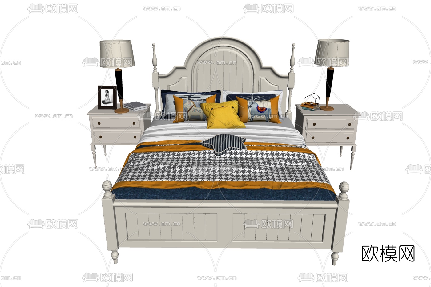 美式实木双人床su模型下载