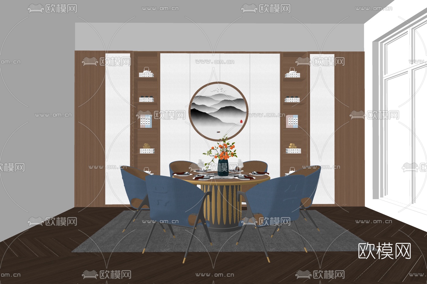 新中式轻奢餐桌椅su模型下载