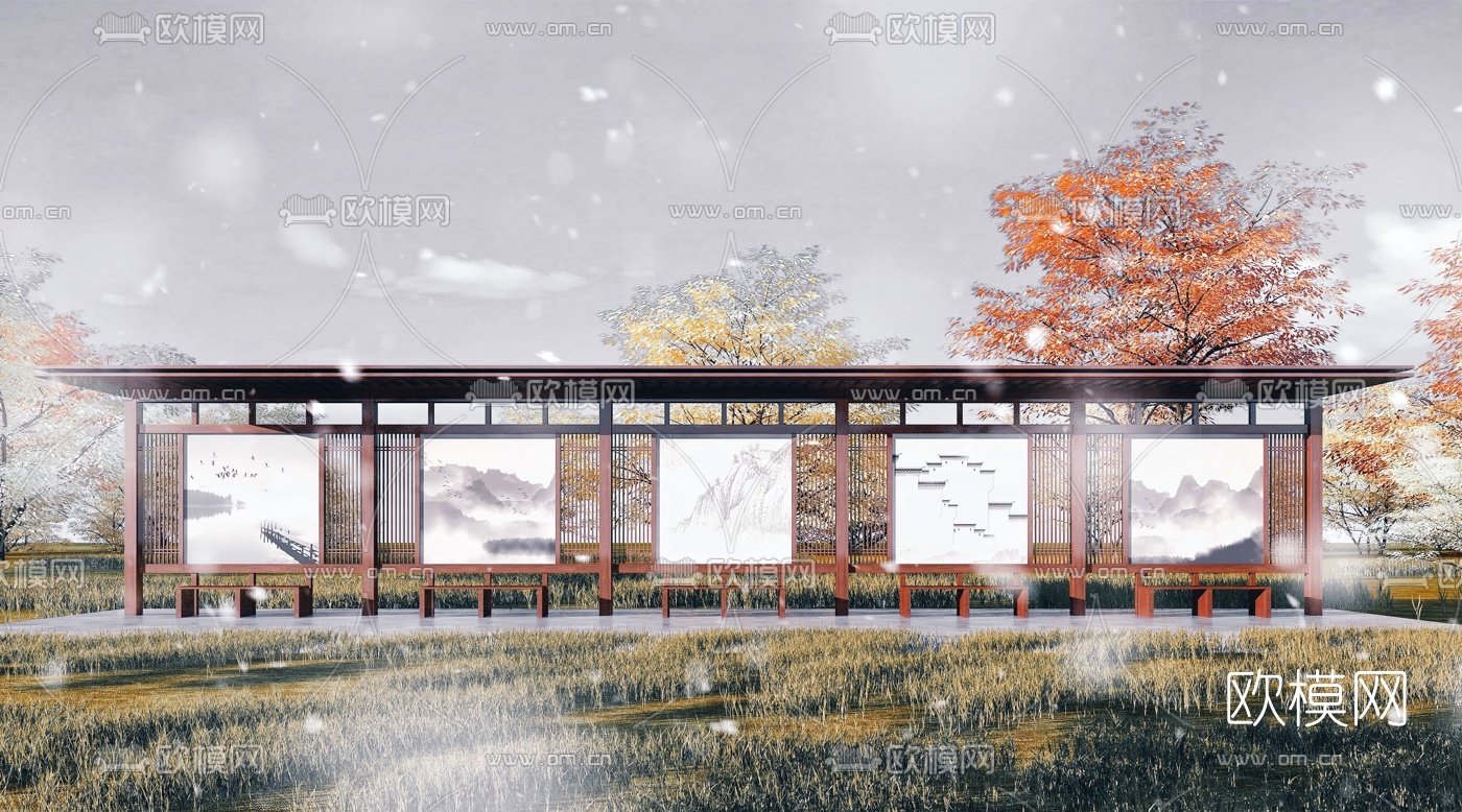 新中式公交站台候车亭3d模型下载