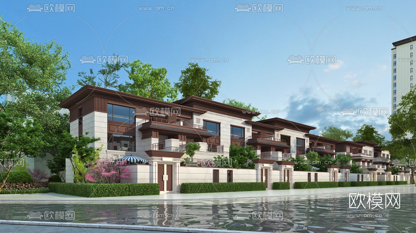新中式联排别墅建筑外观3d模型