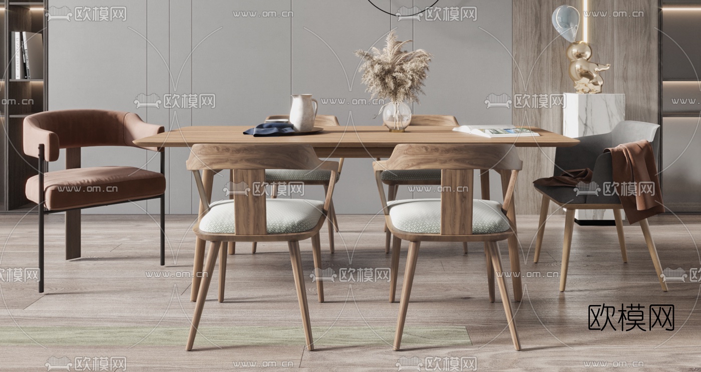 北欧条形餐桌椅3d模型下载（渲染图2）