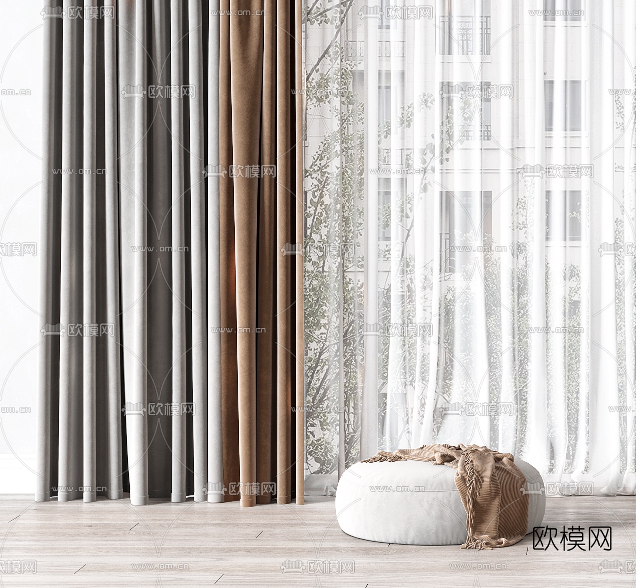 现代布艺窗帘3d模型下载（渲染图2）