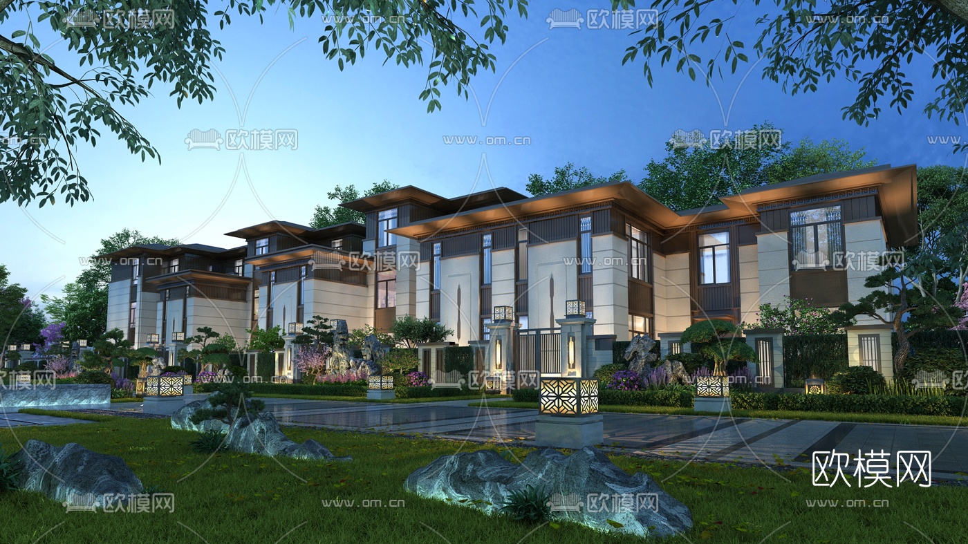 中式园林别墅夜景3d模型下载