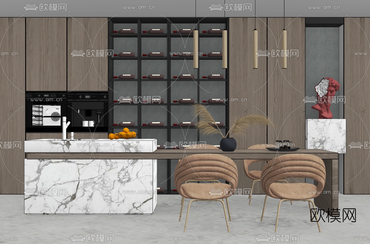 现代大理石吧台餐桌椅组合su模型下载（渲染图2）