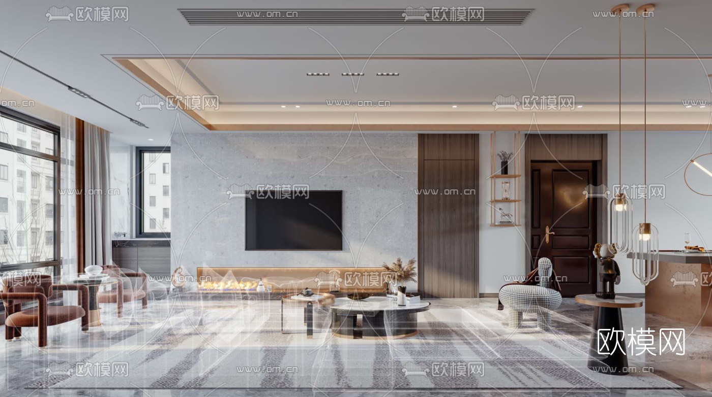 现代轻奢客厅餐厅3d模型下载（渲染图3）