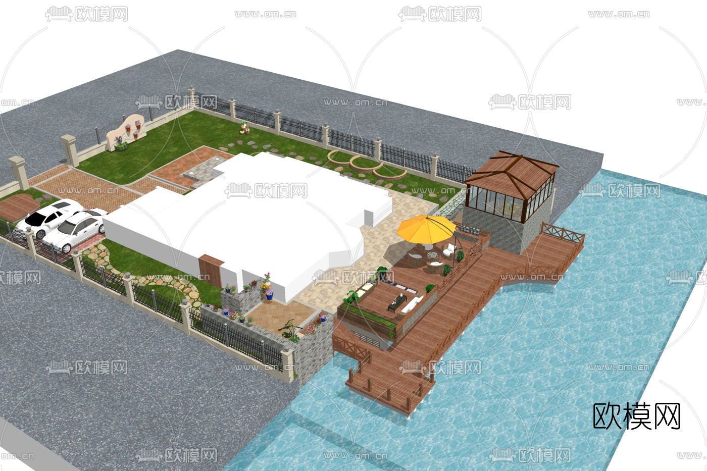 现代庭院景观su模型下载