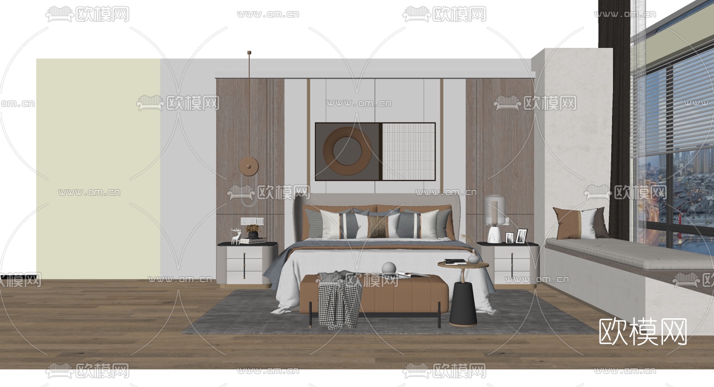 现代布艺双人床su模型下载