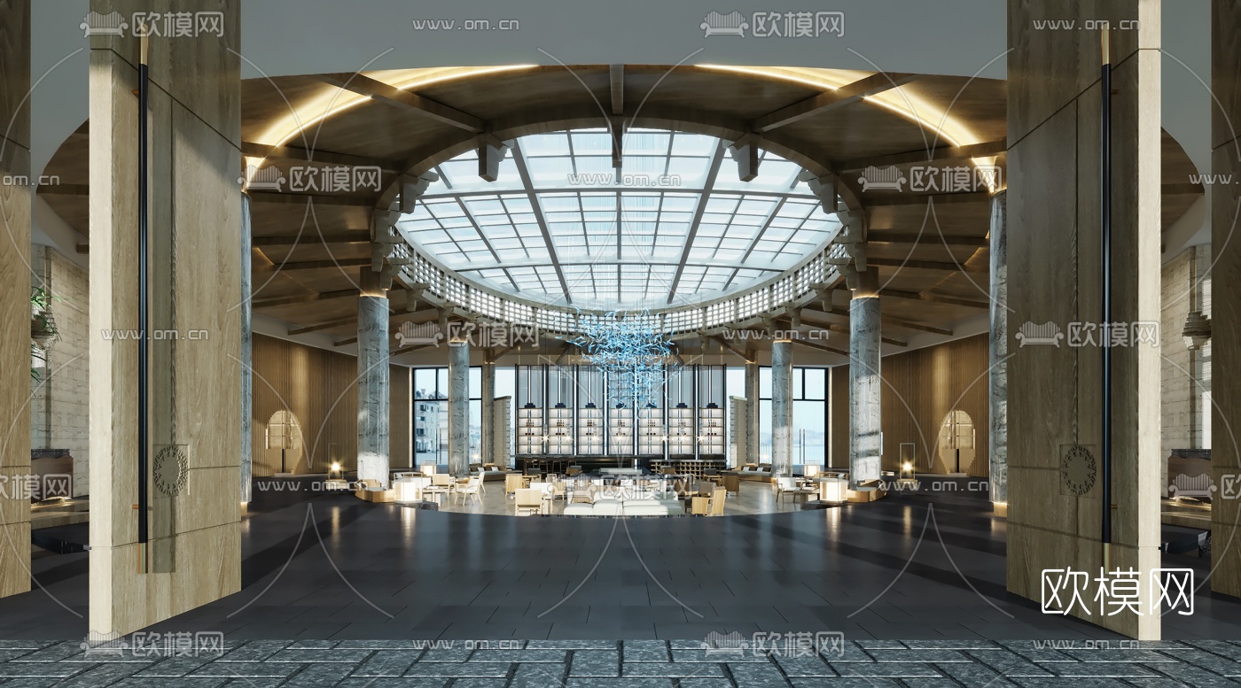 新中式会所大堂吧3d模型下载（渲染图2）