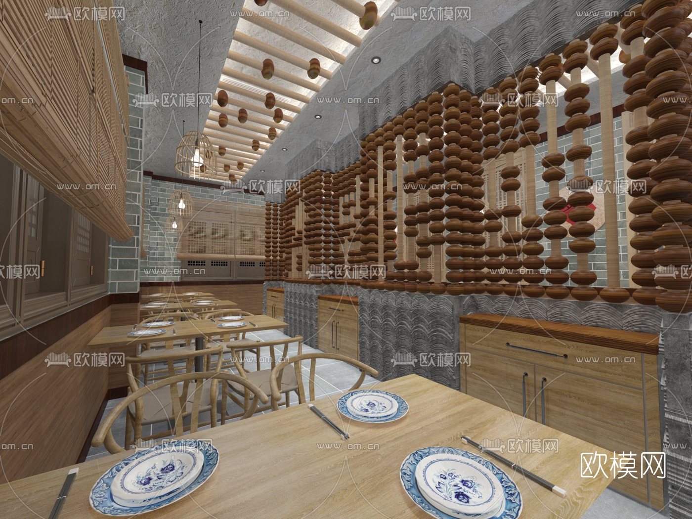 新中式中餐厅免费3d模型下载（渲染图1）