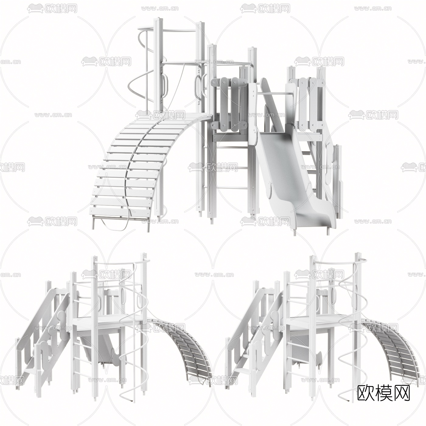 现代木质儿童攀爬滑梯组合游乐设施3d模型下载（渲染图2）