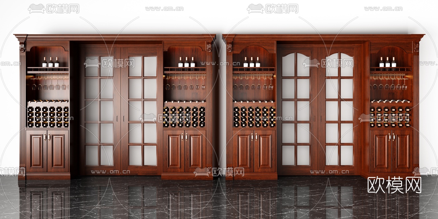 美式实木酒柜推拉门3d模型