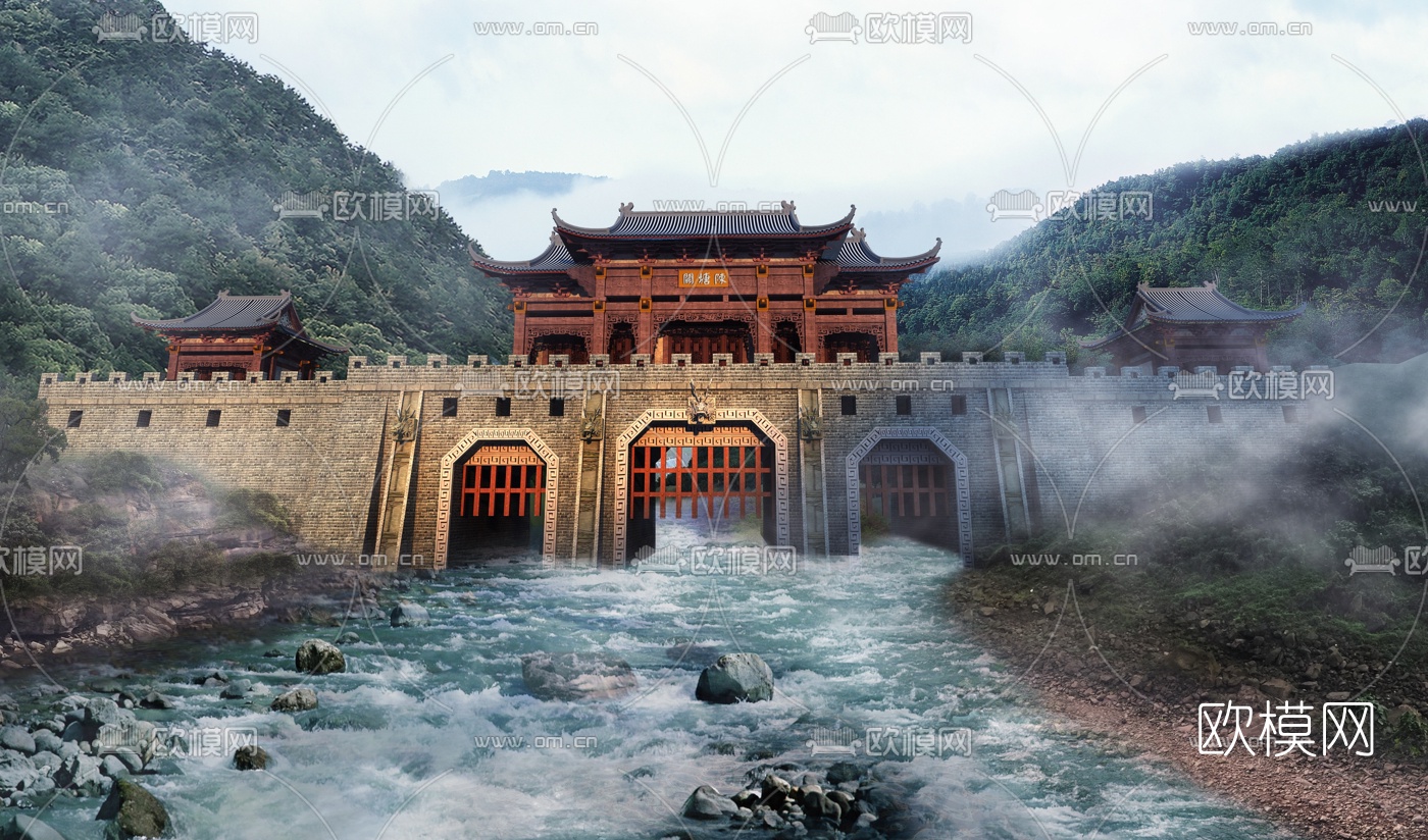 中式古建廊桥水库3d模型下载