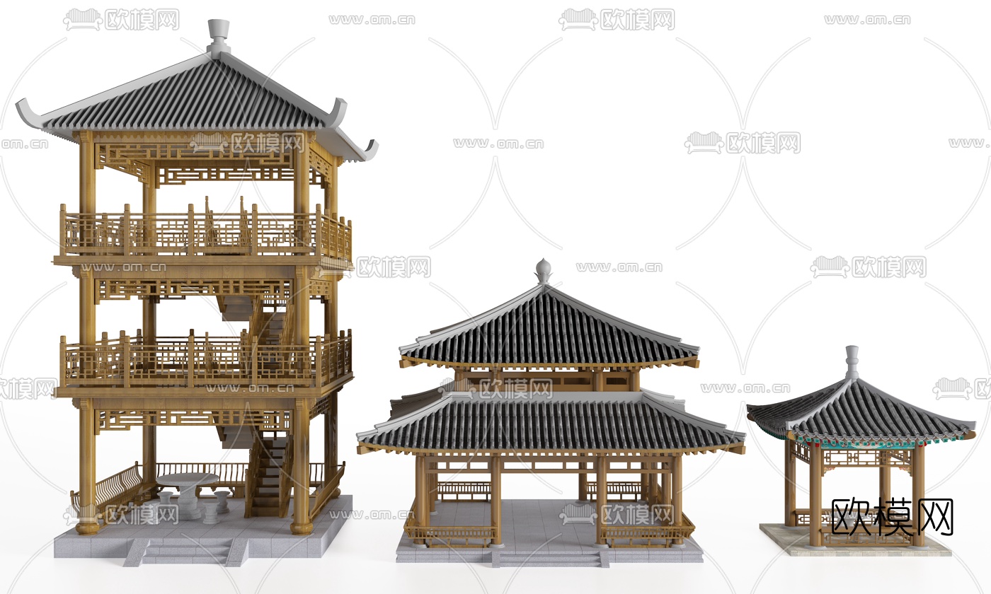 中式凉亭阁楼建筑构件3d模型-免费3dmax模型库-欧模网