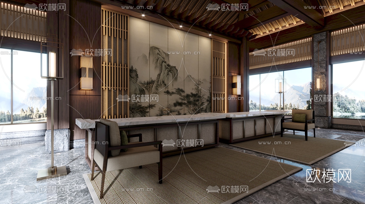 新中式酒店大堂前台大堂吧3d模型