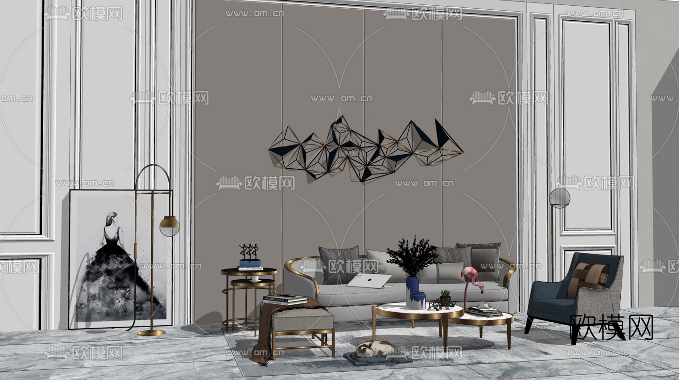 现代轻奢组合沙发su模型下载（渲染图2）