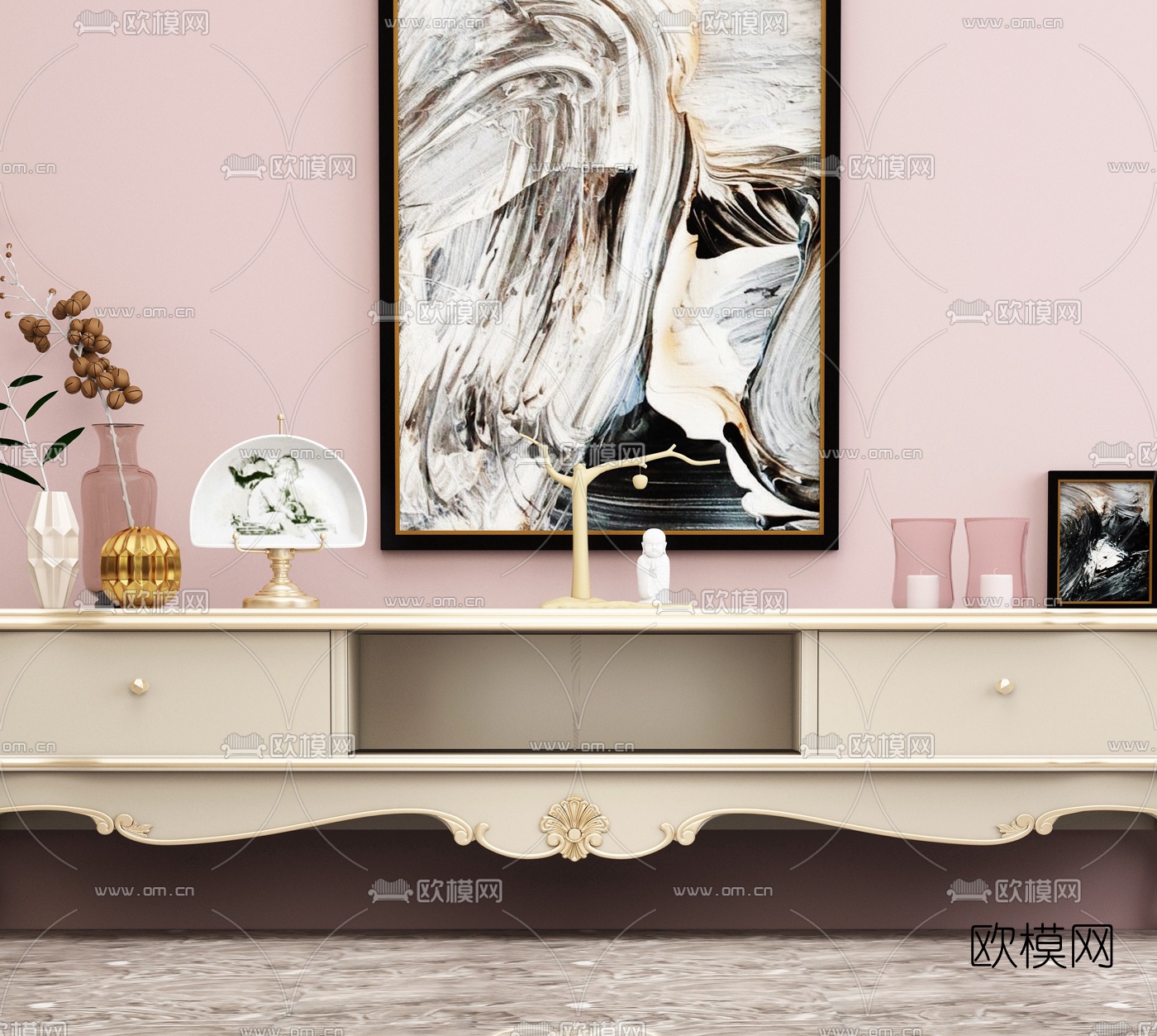 欧式轻奢电视柜3d模型下载（渲染图2）