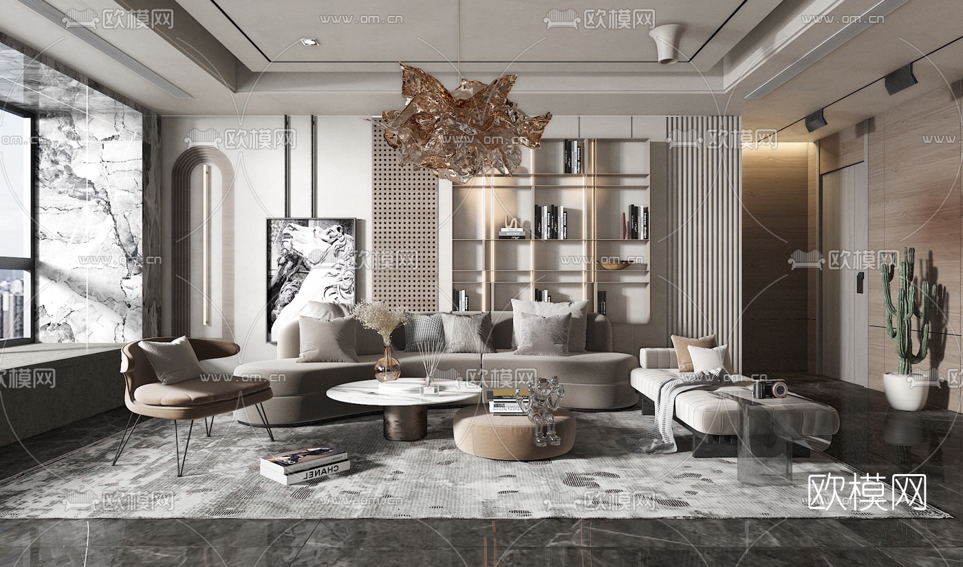 现代布艺弧形沙发组合3d模型下载