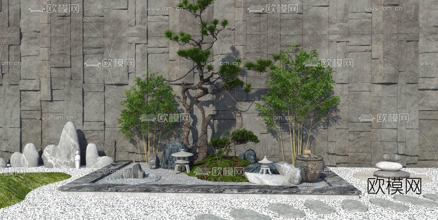 日式枯山水庭院景观小品su模型下载（渲染图1）