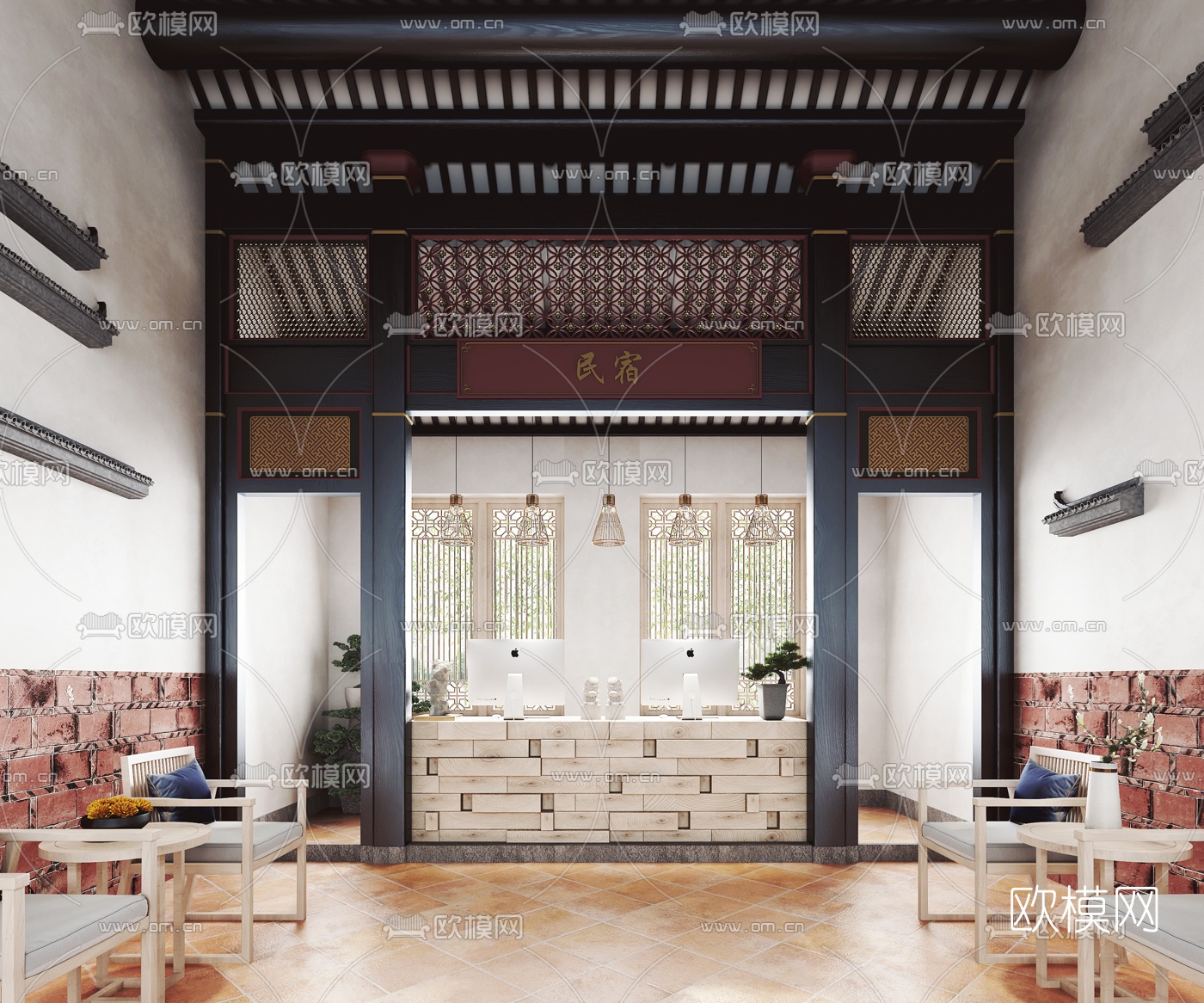 现代闽南民宿前台3d模型