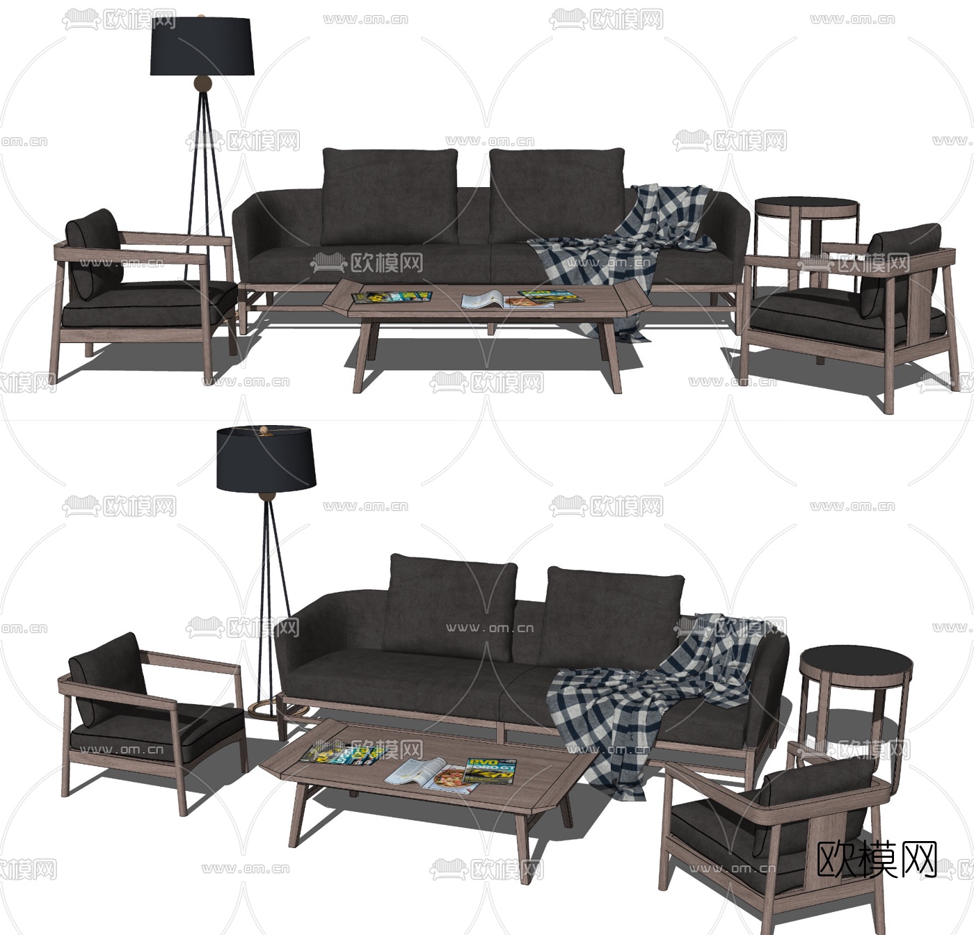 现代皮革沙发组合su模型下载（渲染图2）