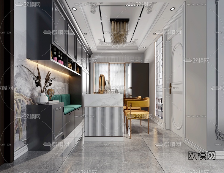 法式简约客厅餐厅3d模型下载(渲染图3)