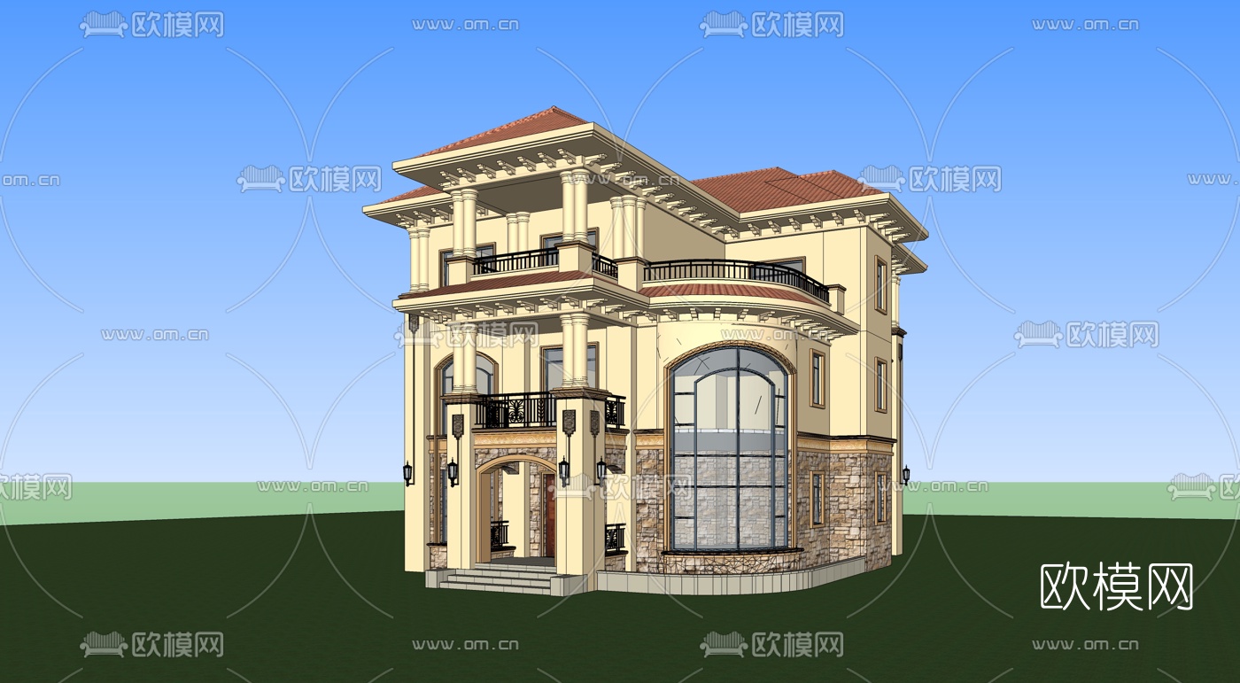 欧式独栋别墅su模型下载（渲染图2）