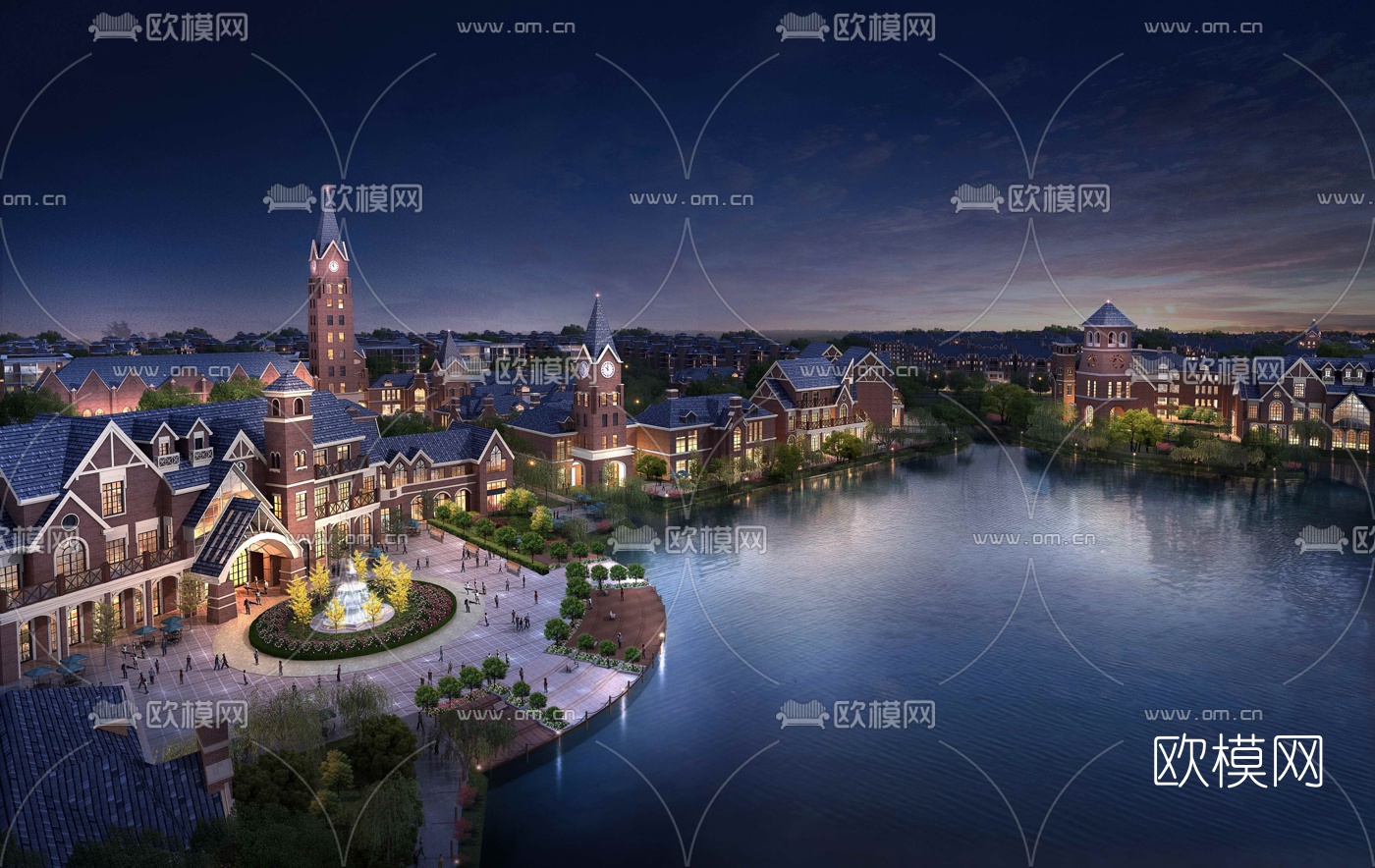 欧式商业街鸟瞰夜景3d模型下载