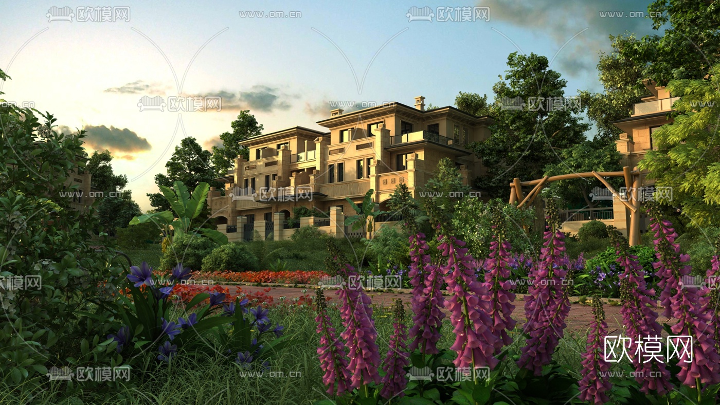 欧式别墅小区园林景观3d模型下载（渲染图2）