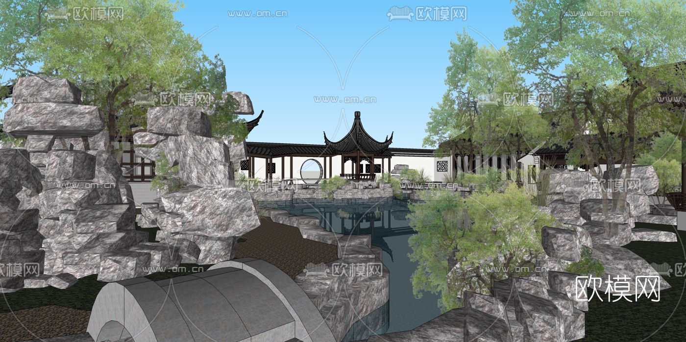 中式别墅庭院景观su模型下载（渲染图5）