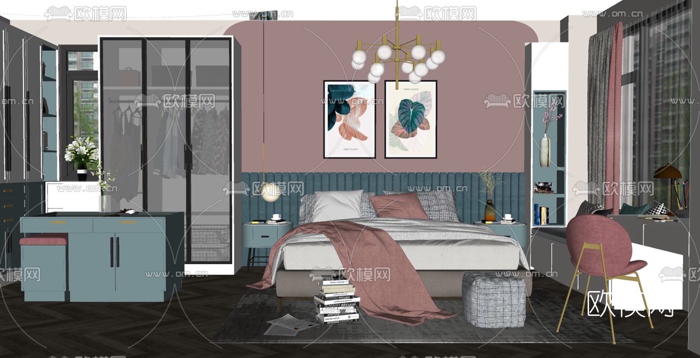 北欧布艺双人床su模型下载