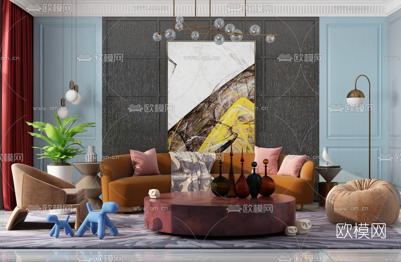 后现代布艺沙发组合3d模型下载