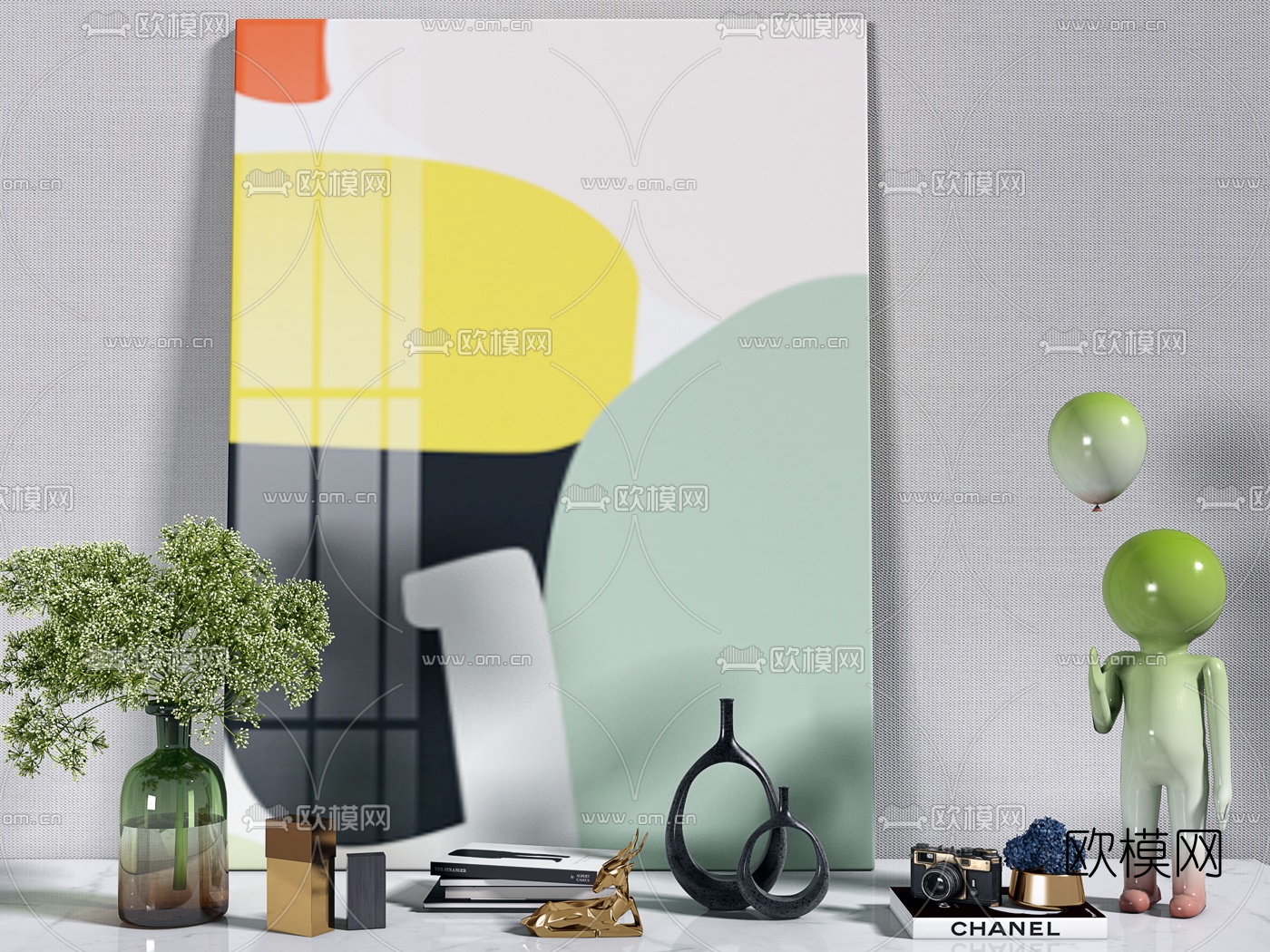 现代书籍花卉雕塑摆件3d模型下载