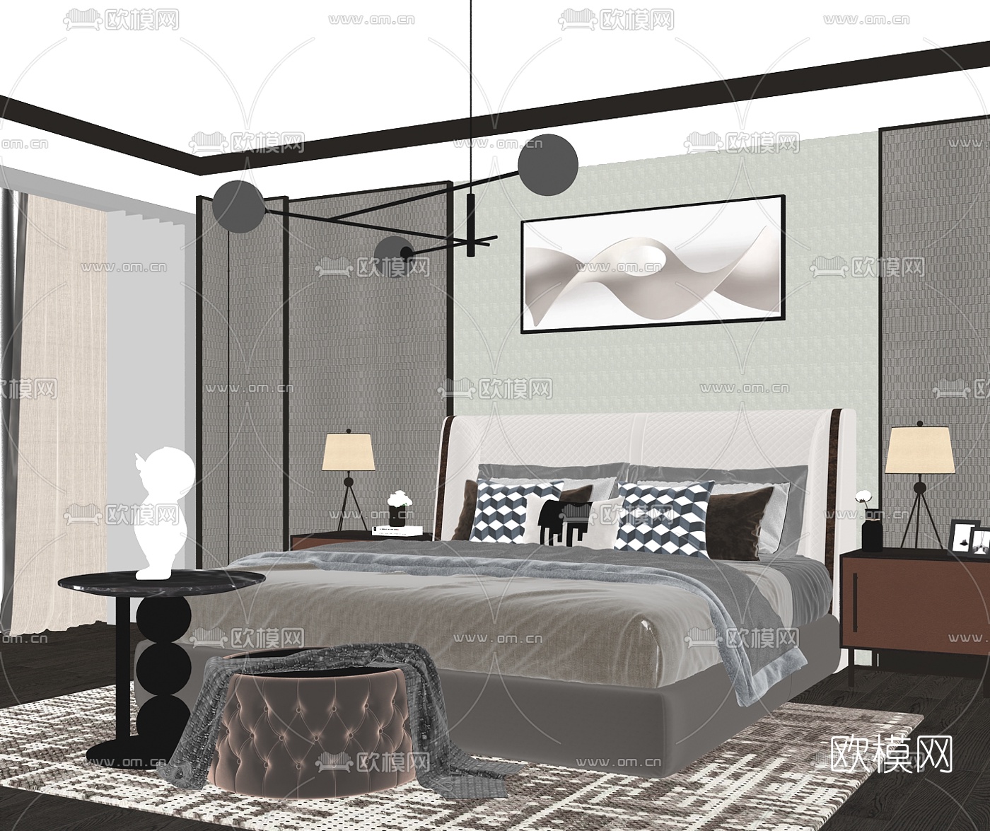 现代轻奢布艺双人床su模型下载（渲染图2）