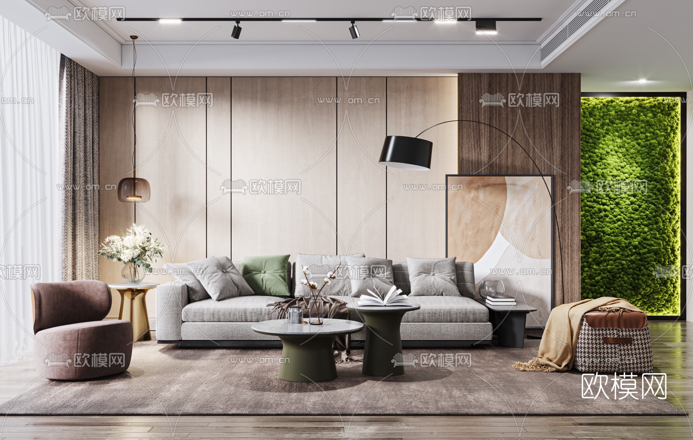 现代轻奢布艺沙发组合3d模型下载（渲染图1）