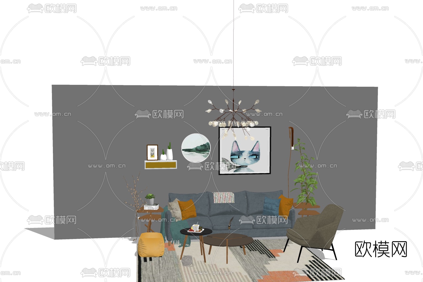 北欧布艺组合沙发su模型下载